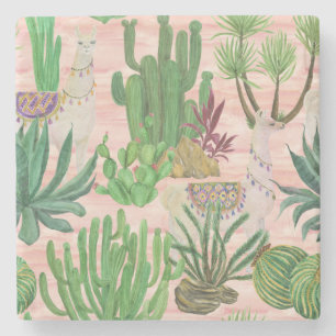 Watercolor llamas and cacti pattern. stone coaster