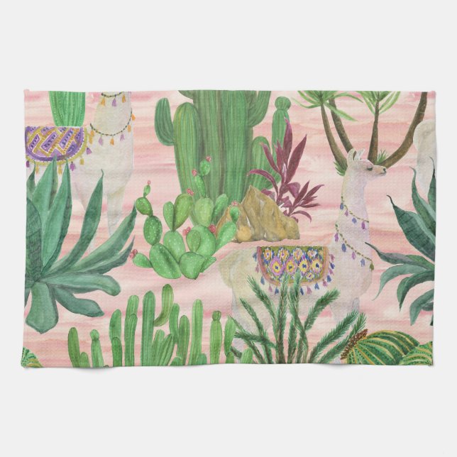 Watercolor llamas and cacti pattern. tea towel (Horizontal)