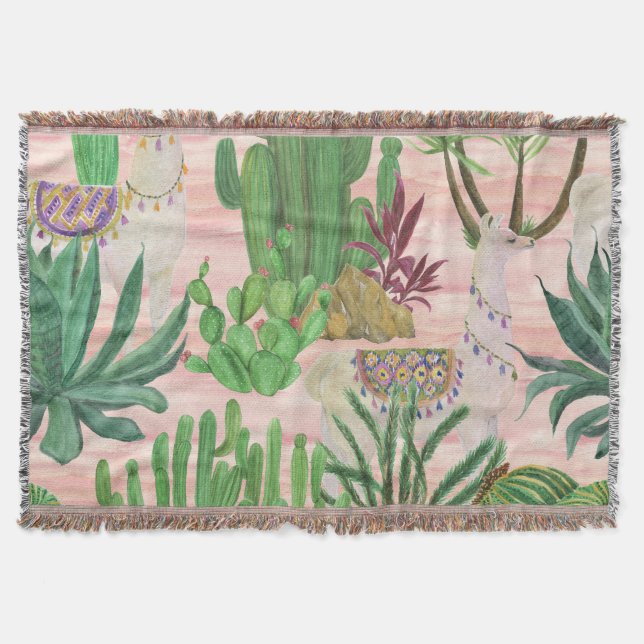 Watercolor llamas and cacti pattern. throw blanket (Front)