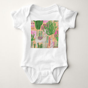 Watercolor llamas, cacti: seamless pattern. baby bodysuit