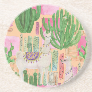 Watercolor llamas, cacti: seamless pattern. coaster