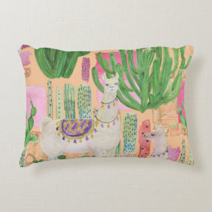Watercolor llamas, cacti: seamless pattern. decorative cushion