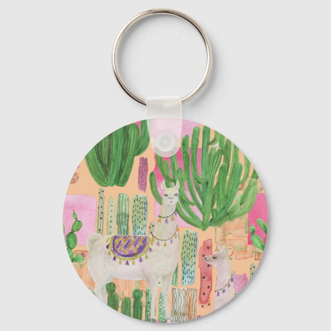 Watercolor llamas, cacti: seamless pattern. key ring (Front)