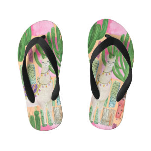 Watercolor llamas, cacti: seamless pattern. kid's jandals