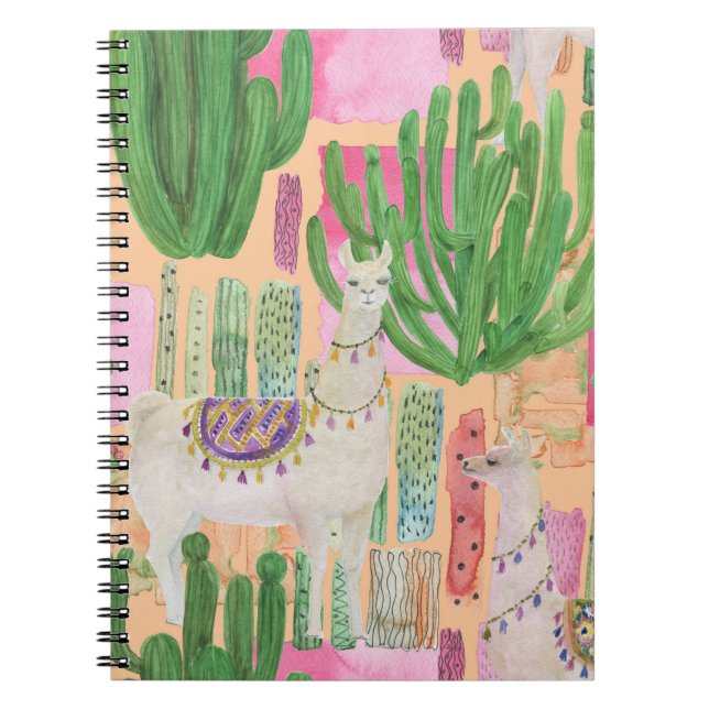Watercolor llamas, cacti: seamless pattern. notebook (Front)