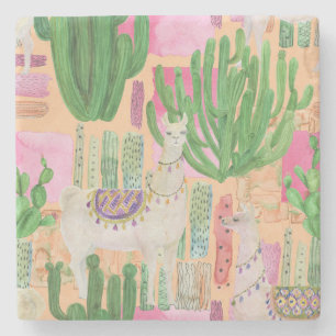 Watercolor llamas, cacti: seamless pattern. stone coaster