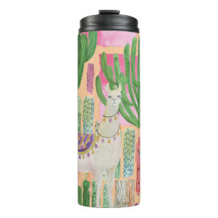 Watercolor llamas, cacti: seamless pattern. thermal tumbler