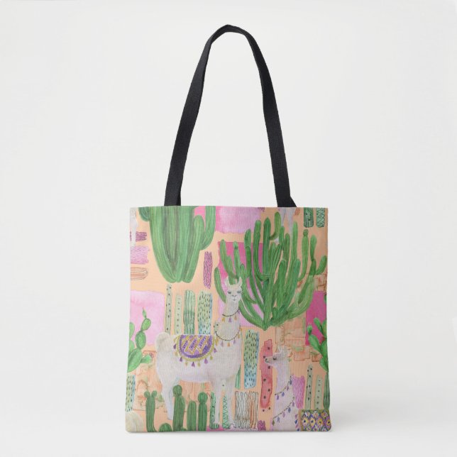 Watercolor llamas, cacti: seamless pattern. tote bag (Front)