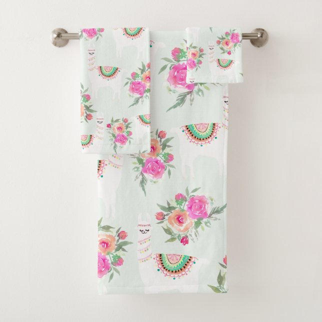Watercolor Llama's on mint Bath Towel Set (Insitu)