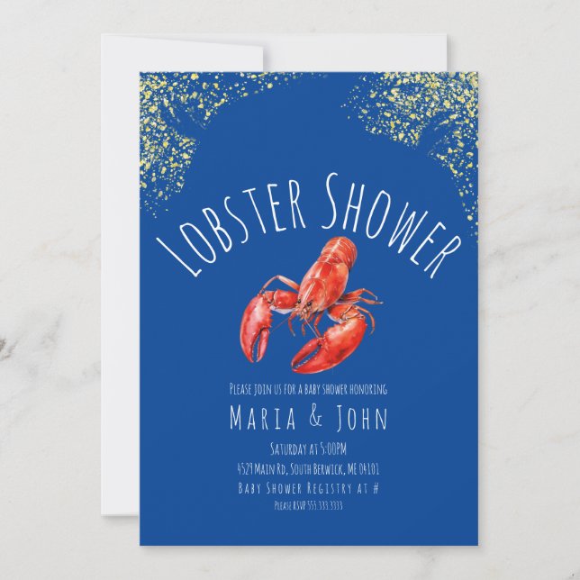 Watercolor Lobster Party  Baby Shower Blue Gold Invitation (Front)