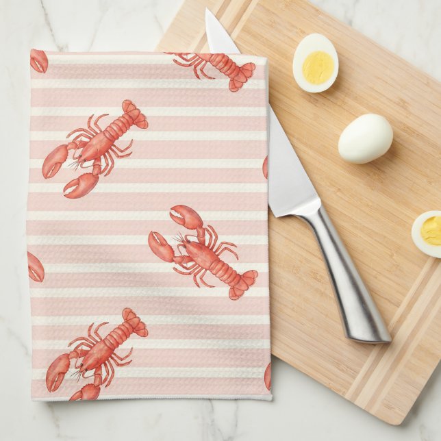 Watercolor Lobster Pattern on Soft Pink Stripes Tea Towel (Quarter Fold)