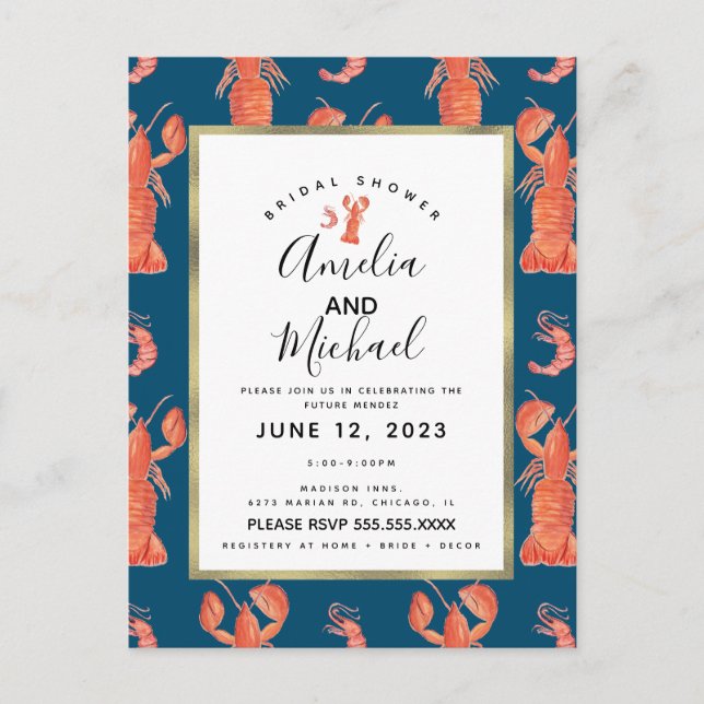 Watercolor Lobster Shrimp Crawfish Bridal Shower I Postcard (Front)