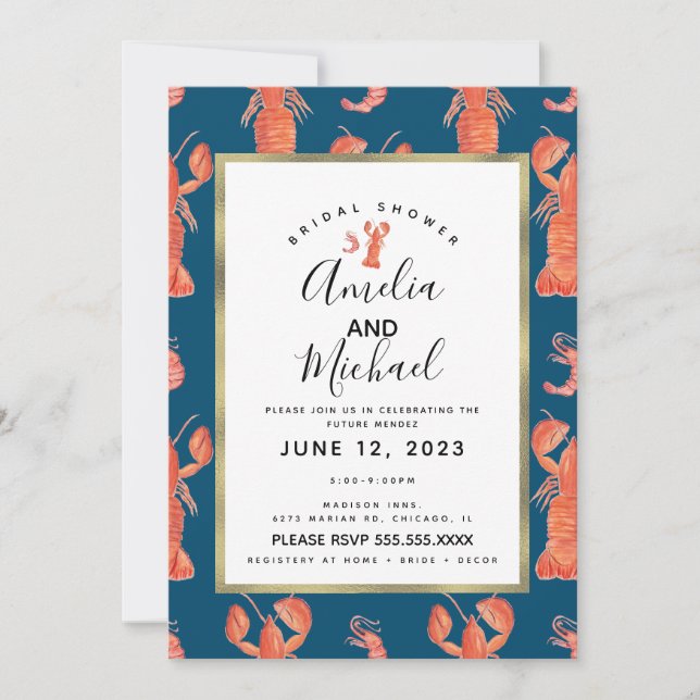 Watercolor Lobster Shrimp Crawfish Bridal Shower Invitation (Front)