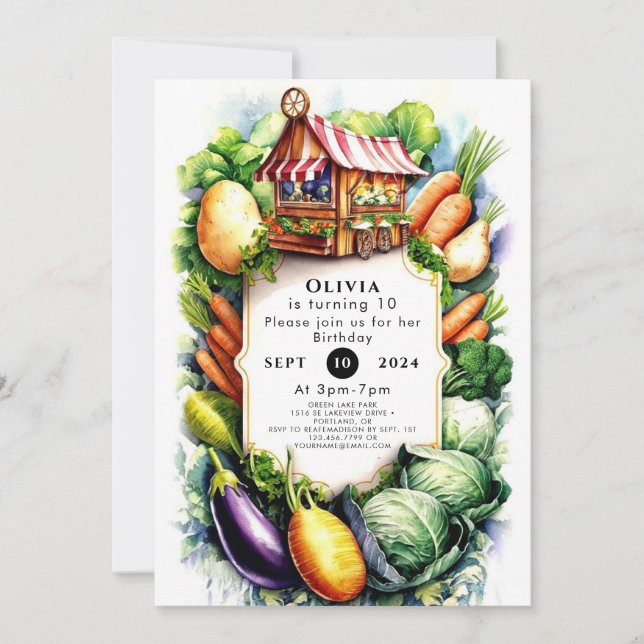 Watercolor Locally Grown Farmers Market Birthday Invitation (Front)
