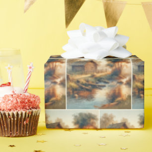 Watercolor Log Cabin In Morning Mist Wrapping Paper