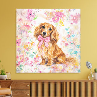 Watercolor Long Hair Dachshund Pastel Floral Canvas Print