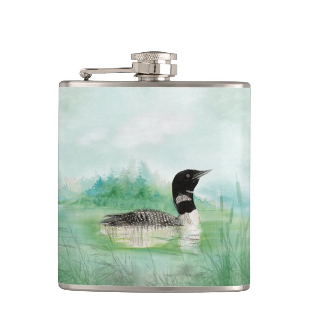 Watercolor Loon Wilderness Bird Nature Art Hip Flask (Front)
