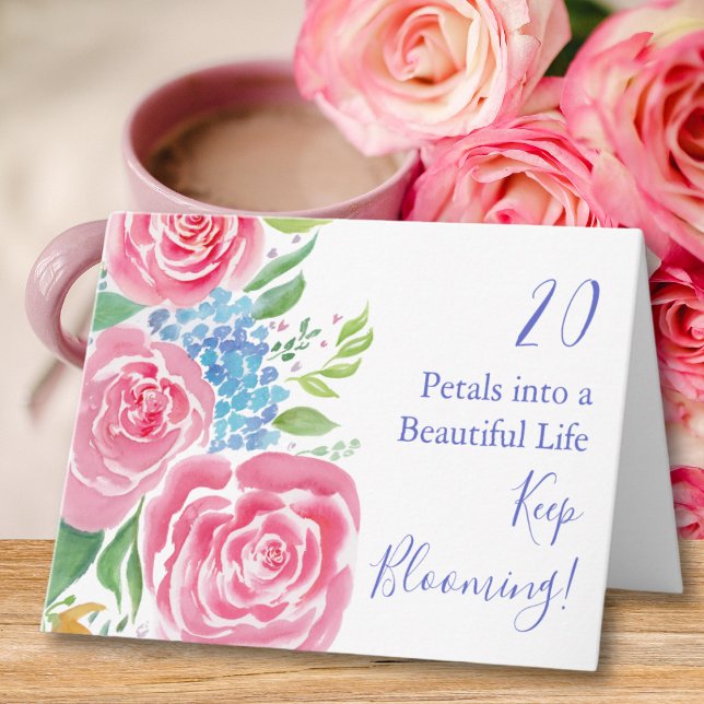 Watercolor Loose Roses  & Hydrangea 20th Birthday Card (Creator Uploaded)