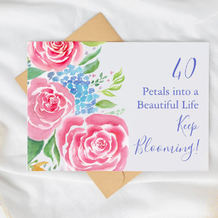 Watercolor Loose Roses & Hydrangea 40th Birthday Card
