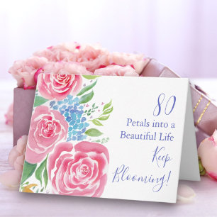 Watercolor Loose Roses & Hydrangea 80th Birthday Card
