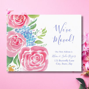 Watercolor Loose Roses  & Hydrangea Moving Address Announcement Postcard
