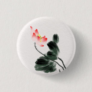Watercolor Lotus Floral Chinoiserie Ink Wash Art  3 Cm Round Badge
