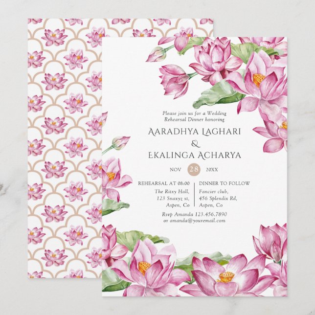 Watercolor Lotus Flower Indian Rehearsal Dinner Invitation (Front/Back)