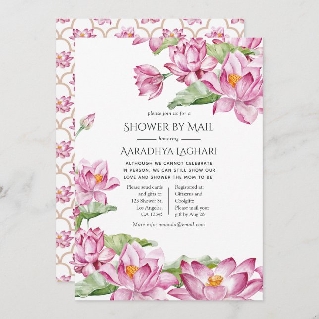 Watercolor Lotus Flower Indian Shower by Mail Invitation (Front/Back)