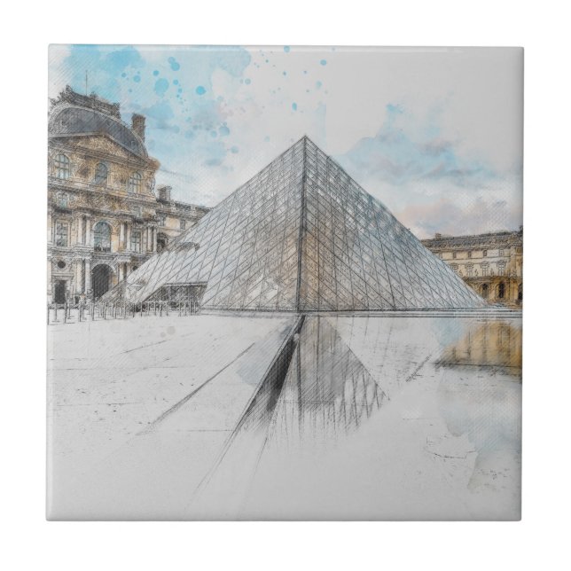 Watercolor Louvre Paris Ceramic Tile Wall Decor (Front)
