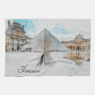 Watercolor Louvre Paris France Kitchen Towel