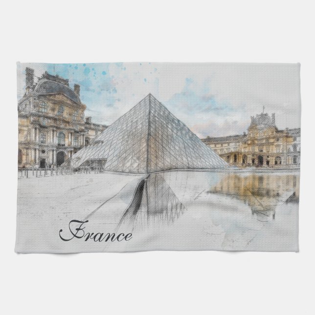 Watercolor Louvre Paris France Kitchen Towel  (Horizontal)
