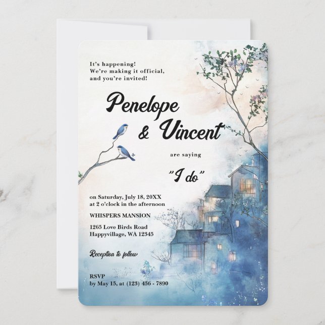 Watercolor Love Birds on Blue Invitation (Front)