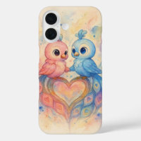 Watercolor Love Birds with Heart-shaped Tail Feath
