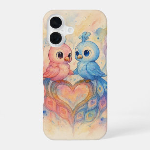 Watercolor Love Birds with Heart-shaped Tail Feath iPhone 16 Case