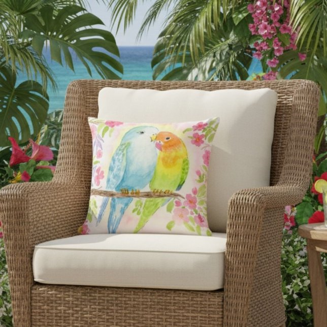 Watercolor Love Birds with Pink Flowers Cushion (Creator Uploaded)
