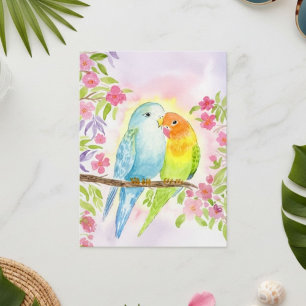 Watercolor Love Birds with Pink Flowers Postcard