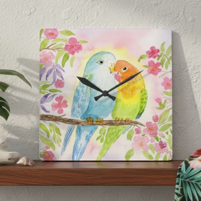Watercolor Love Birds with Pink Flowers Square Wall Clock (Creator Uploaded)