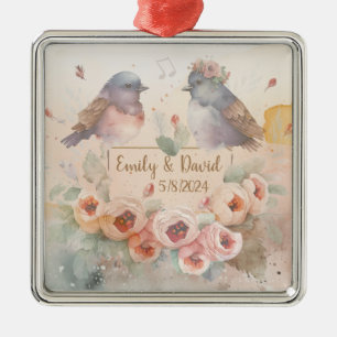 Watercolor love birds with roses for wedding metal tree decoration