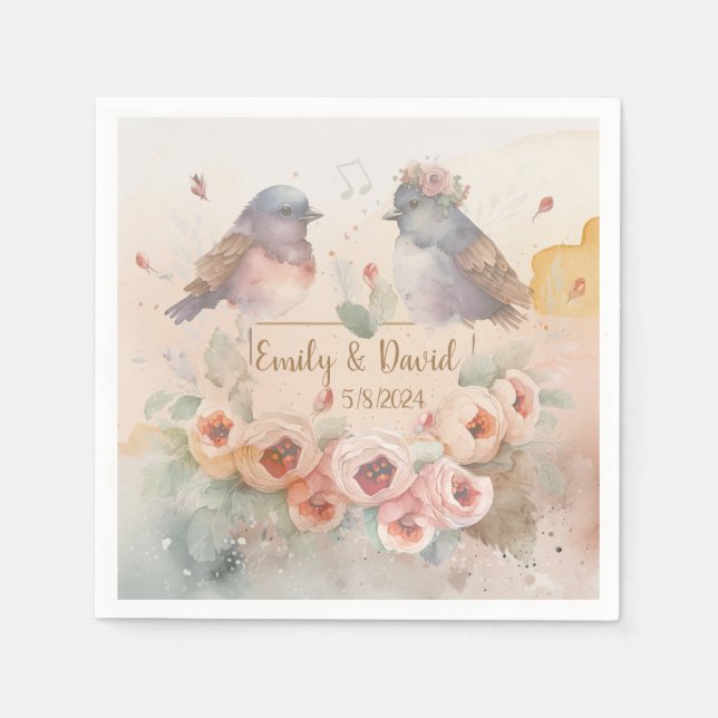 Watercolor love birds with roses for wedding napkin (Front)
