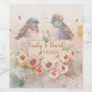 Watercolor love birds with roses for wedding wine label