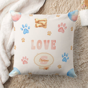 Watercolor "LOVE" Design with Dog Paw Prints Cushion