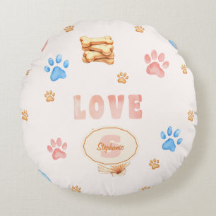 Watercolor "LOVE" Design with Dog Paw Prints Round Cushion