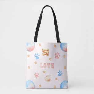 Watercolor "LOVE" Design with Dog Paw Prints Tote Bag