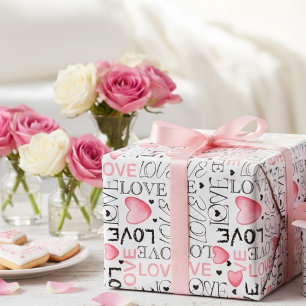 Watercolor Love Script and Pink Hearts Valentine's Wrapping Paper