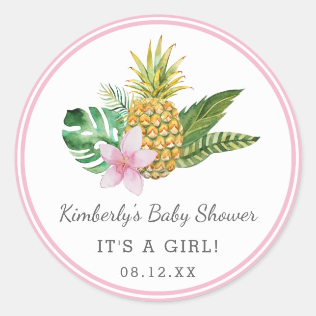 Watercolor Luau Baby Shower | Pink | Classic Round Sticker (Front)