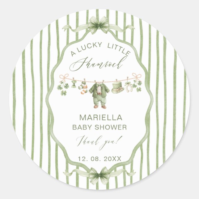  Watercolor Lucky Charm Shamrock baby shower Classic Round Sticker (Front)