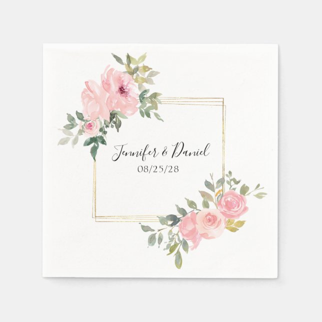 Watercolor Lush Blush Pink Floral Wedding Napkin (Front)