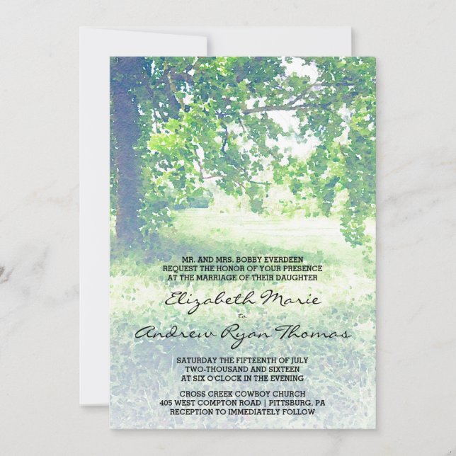 Watercolor Lush Meadow and Tree Wedding Invitation (Front)