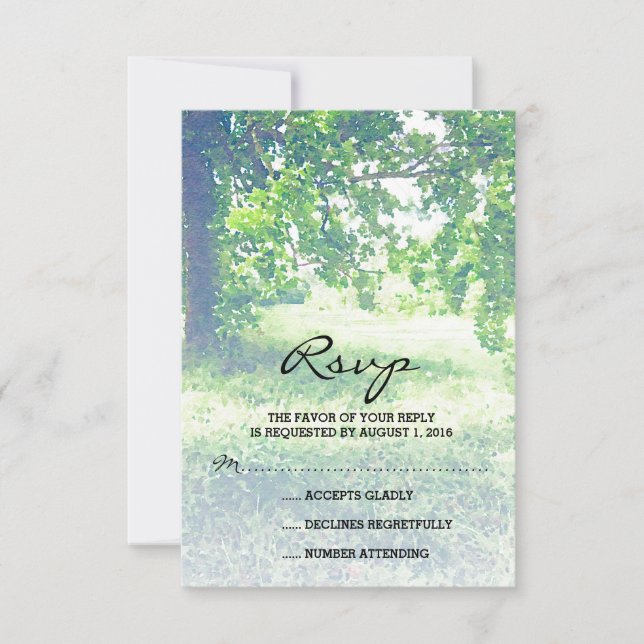 Watercolor Lush Meadow and Tree Wedding RSVP Card (Front)