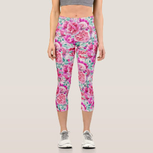 Watercolor Lush Pink Peonies & Green Teal Leaves Capri Leggings